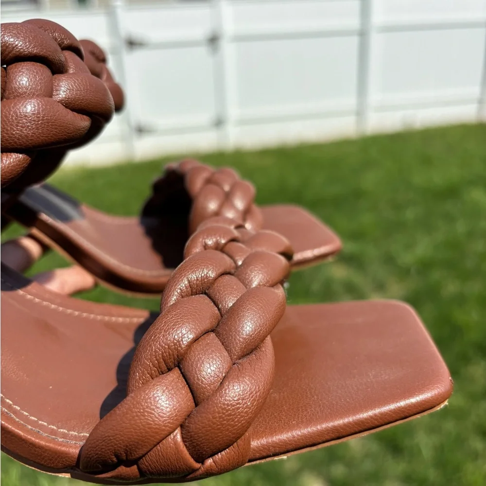 Braided Strap Brown Women’s Heeled Sandals - Picture 8 of 9